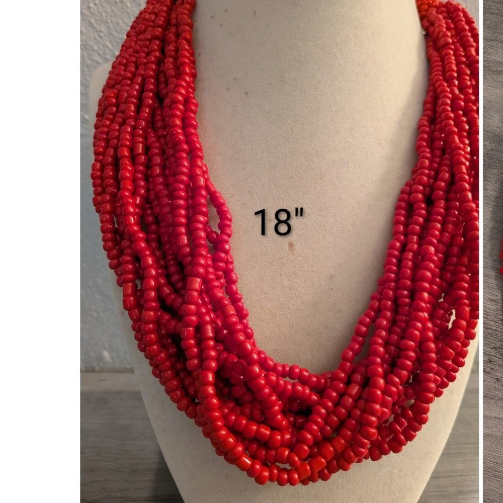 Red Multi Strand Seed Bead Statement Necklace Chunky Bib Boho 18‎ Inch